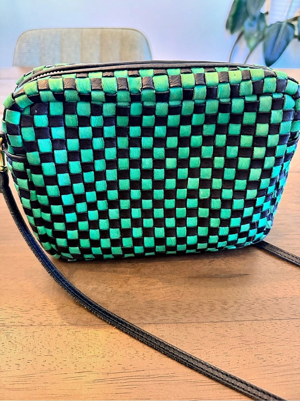 Clare V Midi Sac Black Green Checker Woven Leather Crossbody Bag